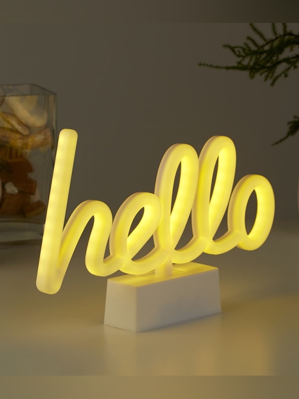 NWT White Hello Neon Yellow Light Stand 7.5"